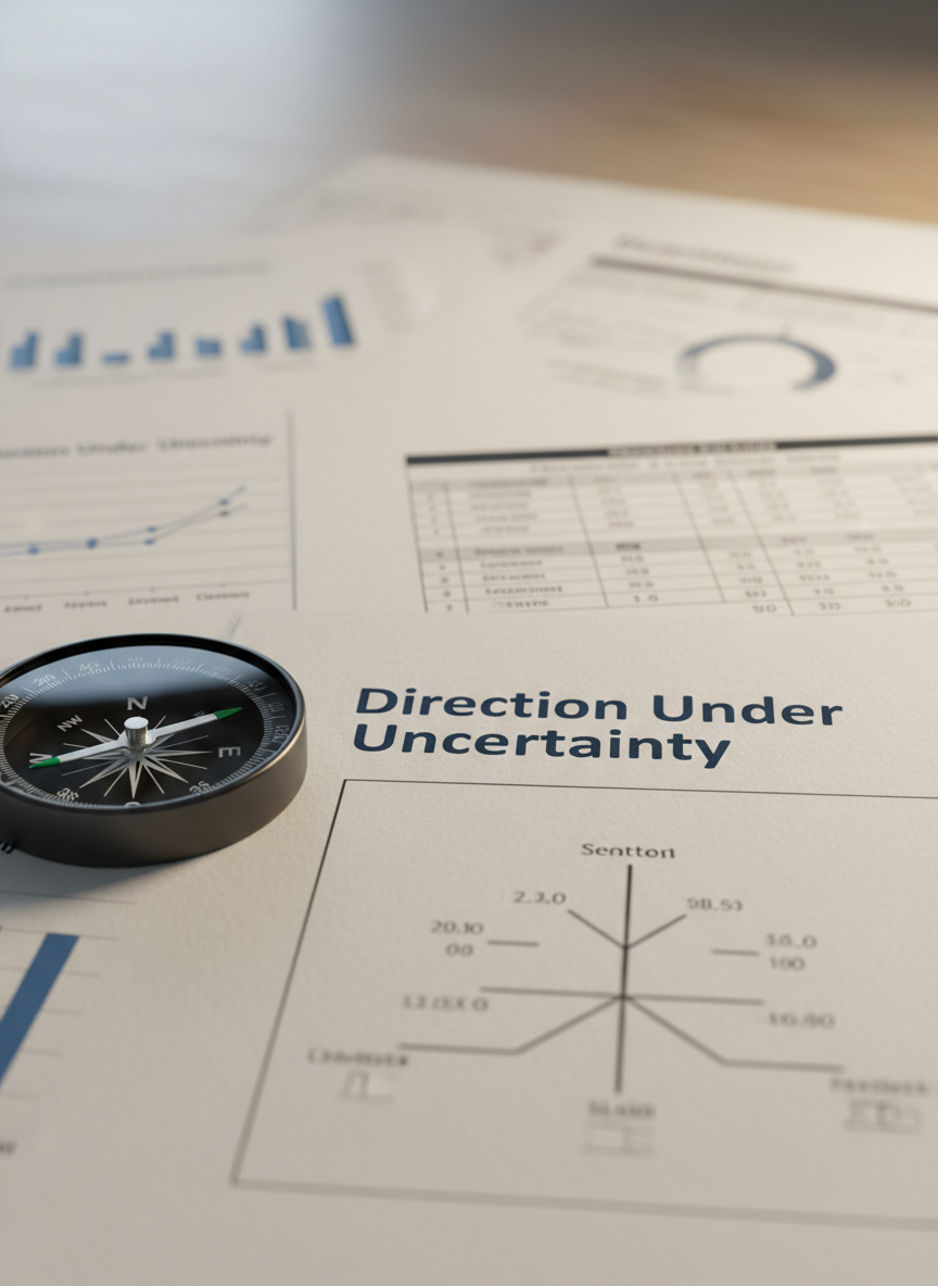 An elegant, matte-black compass with precision-etched silver markings rests on a spread of slightly textured, off-white strategy documents covered in neatly printed charts, decision matrices, and probability trees. The compass needle points toward a bold heading reading “Direction Under Uncertainty,” subtly in focus. Soft overhead office lighting combines with cool daylight from an unseen window, casting restrained shadows that highlight the metallic edges and paper fibers. Shot from a slightly elevated angle with a moderate depth of field, the composition follows the rule of thirds, with the compass anchoring the foreground and documents receding into a gentle blur. The mood is deliberate and professional, evoking structured decision making in complex environments.