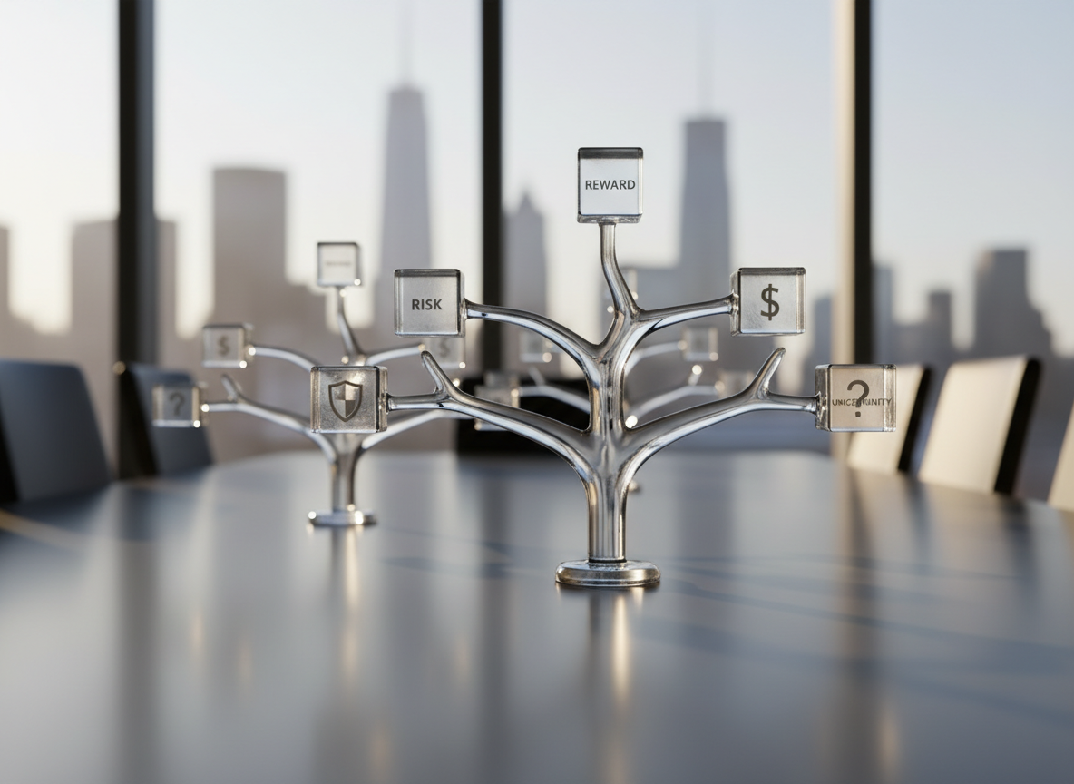 A large, clear glass decision tree model made of transparent acrylic branches extends across a smooth charcoal-gray conference table. Each branching point is marked by a small, frosted cube engraved with subtle symbols representing risk, reward, and uncertainty. In the background, a tall window reveals a softly blurred modern city skyline. Late afternoon natural light streams in, creating crisp reflections on the glass surface and gentle shadows that emphasize the branching paths. Captured at eye level with a shallow depth of field, the focus rests on one central decision node, suggesting a pivotal choice. The photographic realism and clean, professional aesthetic convey calm, analytical clarity under uncertainty.