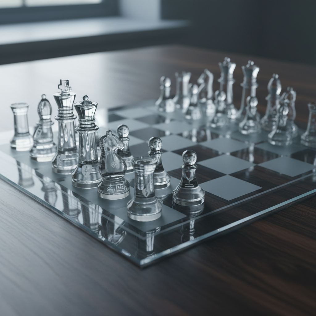 A transparent glass chessboard with frosted and clear pieces stands mid-game on a dark walnut desk, each piece etched with tiny symbols for data, risk, cost, and opportunity. Several pieces are intentionally positioned in ambiguous, tense formations, symbolizing uncertain outcomes. Cool, diffused morning light filters through a nearby window, illuminating the glass and creating intricate reflections on the desk’s polished surface. The camera captures the scene from a low, side angle, focusing sharply on the central pieces while the far ranks gradually blur, suggesting unknown futures. The photographic realism, subdued color palette, and professional, minimalist styling convey strategic thinking and high-stakes decision making under uncertainty.